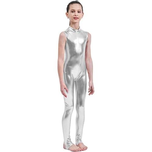 AOYLISEY Kids Dance Shiny Metallic Unitard Gymnastics Jumpsuits Mock Neck for Girls boys Child Zentai Lycra Spandex Unitards