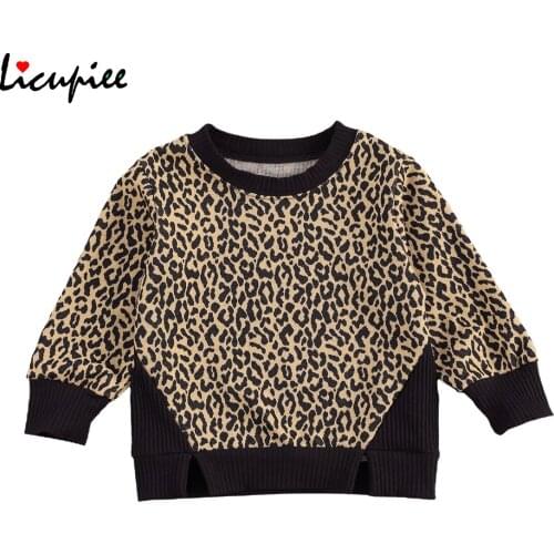Infant Leopard Patchwork Sweater, Baby Casual Style Long Sleeve Round Neck Ribbed Pullover 1-6 Years