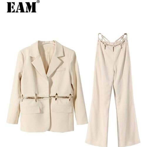 [EAM] Wide Leg Pants Hollow Out Two Piece Suit New Lapel Long Sleeve Black Loose Fit Women Fashion Spring Autumn 2021 1DE1673