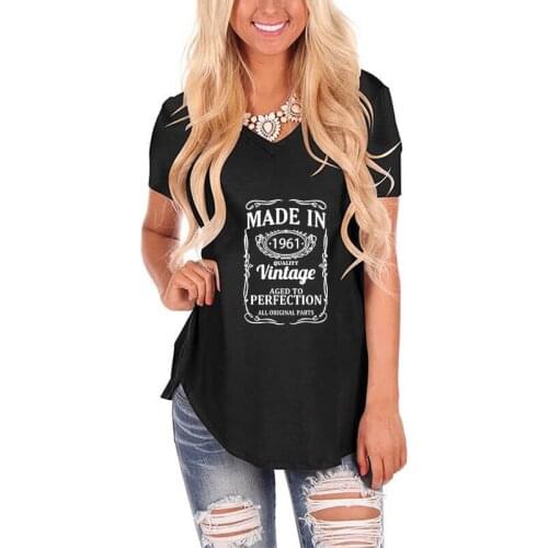 Made in 1961 age Letter Print Loose Tshirt Female Harajuku V Neck Vintage T-Shirt Women 60th Birthday Gift Summer Casual Tops