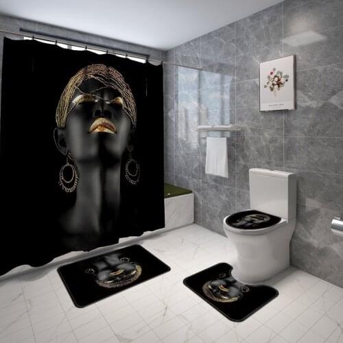 Modern African Women Printed Bathroom Carpet Mat Toilet Rugs Bath Carpet Shower Curtain Set Non-Slip Toilet Seat Cover Bath Mat