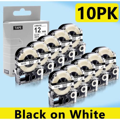 Labelwell 10pcs 12mm Black on White SS12KW label tape compatible for Epson LW-300 LW-400 LW-600P LW-700 LW-700P label printer