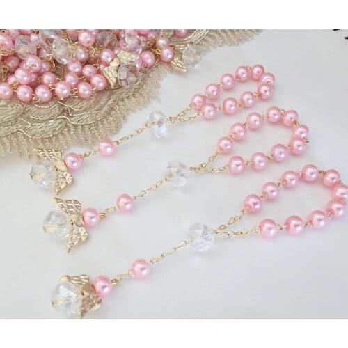 Baptism favors pink communion favors gold plated recuerdos para bautizo finger rosaries christening favors crystal pearls