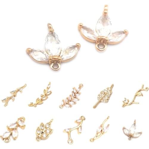 38118)10PCS 13MM 24K Champagne Gold Color Brass Zircon 2 Holes Tree Leaf Leaves Connect Charms Pendants Jewelry Making Supplies