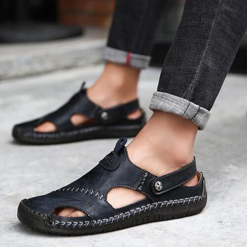 Genuine Leather Mens Sandals Summer Clogs Big Size 45-48 Hollow Sewing Black Shoes For Men Slip-On Soft Casual Sandals Male