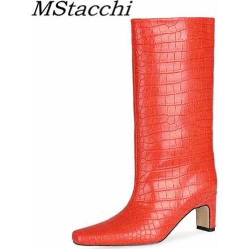 MStacchi Orange Square Toe Woman Boots Crocodile Print Square Heel Leather Outdoor Shoes Spring Autumn Knee-length Boots Ladies