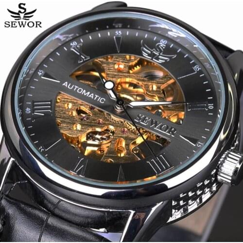 SEWOR Luxury Brand Fashion Men Watches Automatic Mechanical Watch Vintage Skeleton Wrist Watch Leather Clock gifts for men New