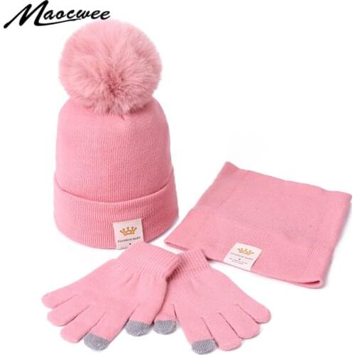 Hat Scarf Gloves Set For Child Girl Winter Warm Beanies Hat For Girl Scarf Pompoms Winter Hats Knitted Hats Scarf 3 Pieces Fash