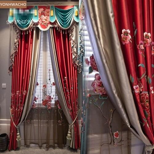 Custom curtain high-precision simulation silk embroidered villa red thick cloth blackout curtain valance tulle panel C716