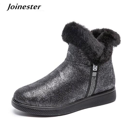 Womens Glitter Round Toe Ankle Boots Fur Lined Winter Boot for Ladies Side Zip Bling Mini Booties Woman Warm Plush Short Boots