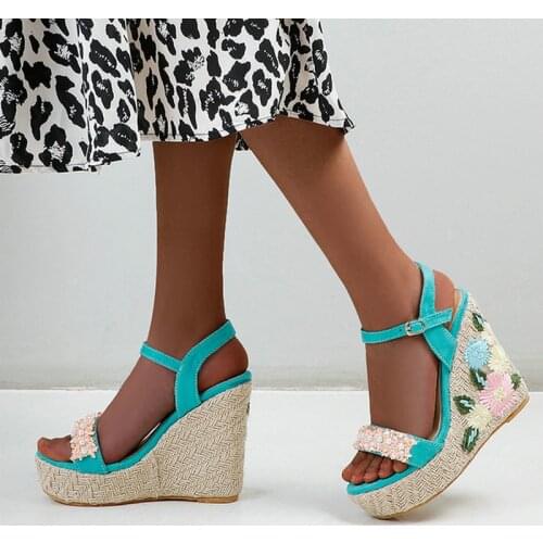 Black Pink Green Faux Suede Women Sandals Platform Wedges High Heel Women Summer Shoes Fashion Flower Buckle Ladies Shoes