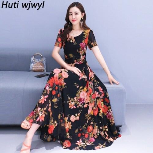 Spring Summer Vintage Black Long Sundress Elegant Women Bodycon Party Vestidos 2021 Casual Floral Chiffon Beach Boho Maxi Dress
