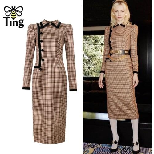 Tingfly 2021 New Runway Women Vintage Office Work Dress Retro Plaid Straight Midi Long Sping Dress Party Dress Elbise Clothing