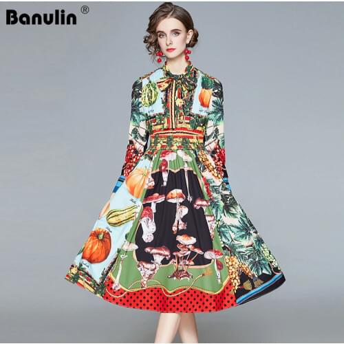 Banulin Autumn Runway Vintage Dress Women Bow Tie Collar elastic waist Multicolor Fruits Vegetables Print Elegant Midi Dress