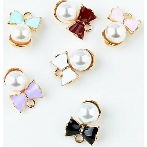 10pcs/lot Imitation Pearl Bow Floating Enamel Charms Alloy Pendant Fit For Bracelet DIY Fashion Jewelry Accessories
