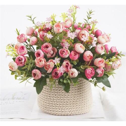 5 Forks 13 Flowers Artificial Camellia Buds Flowers Silk Flower Small Bouquet Wedding Party Decoration Home Table Decor