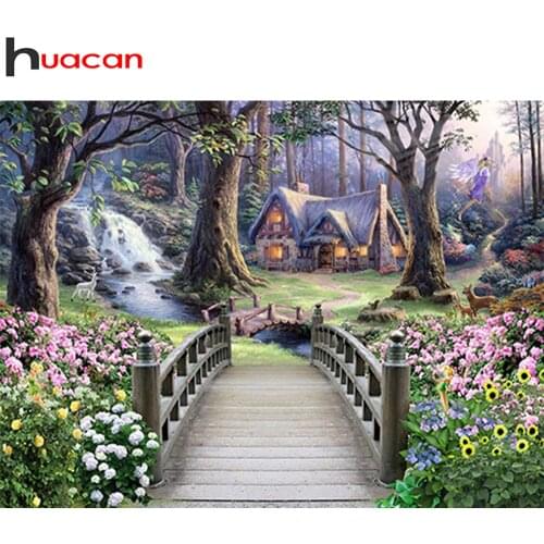 Huacan 5d Diy Diamond Painting Bridge Scenery Diamond Mosaic Tree Flower Embroidery Home Decor Diamond Art
