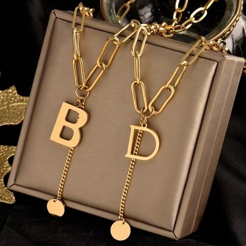 Colorless 316L stainless steel wide chain necklace, letter tassel pendant, fashionable and simple womens gift jewelry