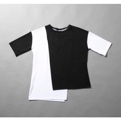 Tide brand summer trend clothes slit black and white color matching design knitted half-sleeved middle-sleeved short-sleeved T-s