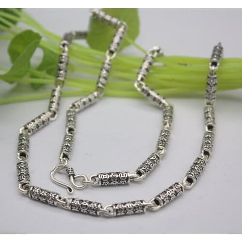 Retro Pure S925 Silver Fit Men Necklace Coin Small Flower Pattern Bead 5mm Link Chain Thick 23.6"L