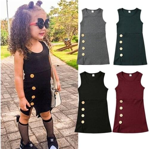 Toddler Kids Baby Girls Dress Plain Solid Casual Sleeveless Button Summer Mini Dress Cotton Clothes Age 1-4 Years
