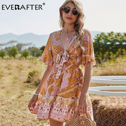 EVERAFTER Orange Floral Print Short Sleeve V-neck Bow Ladies Dress High Waist Casual Holiday Summer Women A-line Sundress 2021