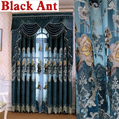European Luxury Semi-Blackout Window Curtains For Living Room Chenille Hollow-Out Floral Embroidered Tulle Custom Cortinas X814F