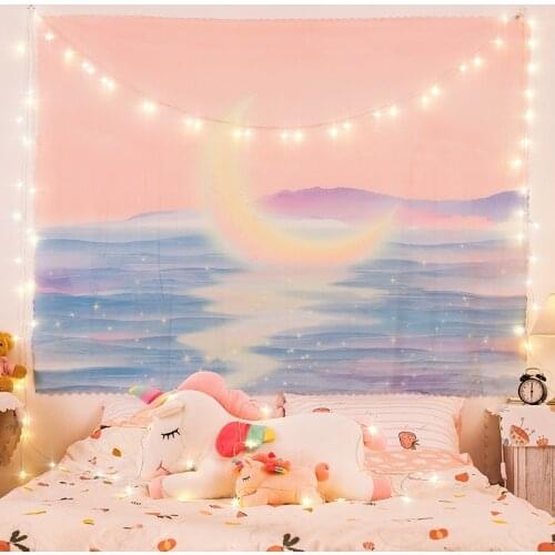 Dreamlike Girls Moon Night Tapestry Wall Hanging Pink Tapestry Moon Tapestry Witchcraft Boho Decor Wall Cloth Tapestries Carpet