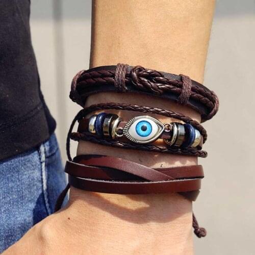 IFMIA Punk Turkish Fashion Brown Color Eye Multilayer Leather Bracelets Man Woman Wristband Bracelet Set Party Jewelry Bangles