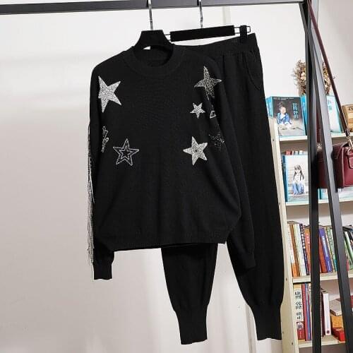 Autumn Black Knitted Outfits Women Tracksuit 2pc Chain Tassel Pullover Sweater Pencil Pants Two Piece Set Female Loose Knit Suit