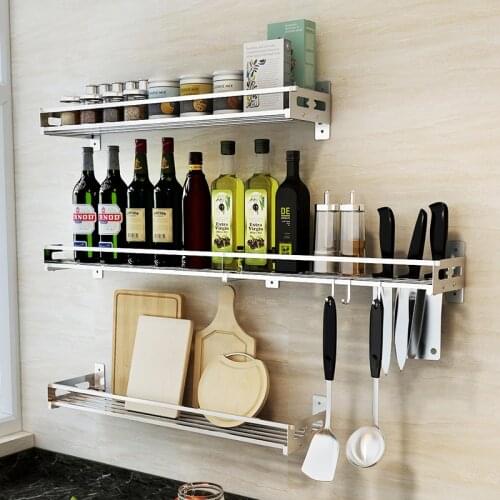 Kitchen Wall Hanging Shelf Storage Rack Punch Free Stainless Steel Seasoning Box/Bottle Cookware Organizer Storage Saving space
