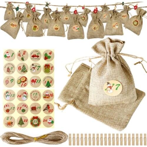 24 Sets Christmas Gift Bags Burlap Bundle Pocket Christmas Advent Calendar Candy Gift Bags with Stickers Clips
