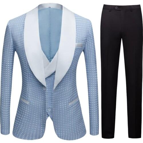 Mens gold plated black collar suit Set Wedding Blue Dot Floral Pattern Slim Fit Party Prom Dress Tuxedo Singers Costume Suit