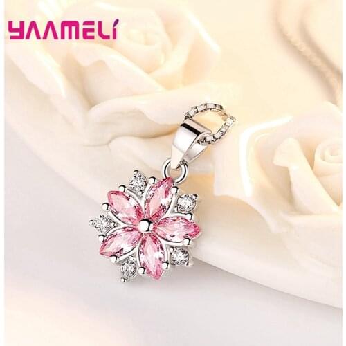 Best Selling S925 Sterling Silver Sakura Flower Pendant Necklaces Sweet Pink White Cubic Zircon Charm with Box Chain Collar