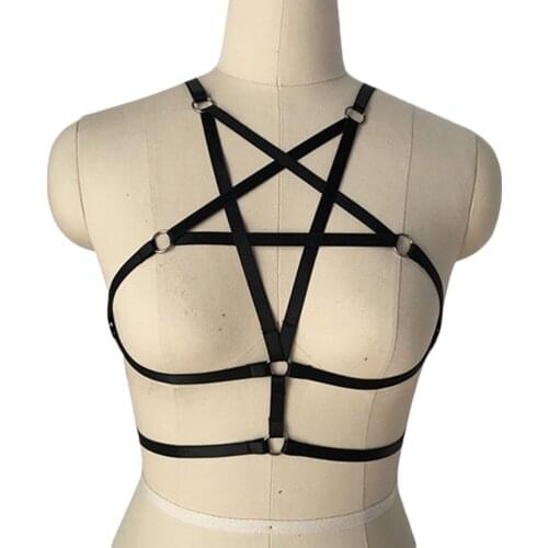 Pentagram Hollow Out Garter Belt Cupless Bustier Punk Sexy Women Strappy Top Goth Bra Garter Belt Bandage Lingerie