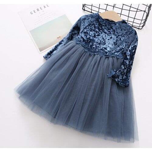 Childrens Dress New Spring Long-sleeve Gold Velvet Mesh Stitching Princess Dress Fashion Birthday Party Girl Dress