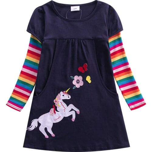 Girls Long Sleeve Star Embroidered Dress Girls Autumn New Style Two Pocket Rainbow Striped Sleeve Cotton Dress LH5809