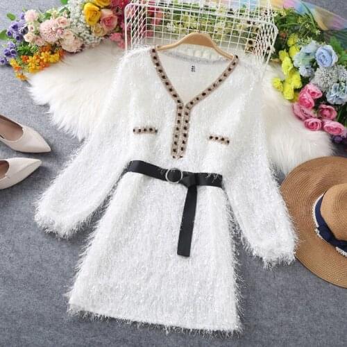 Tassel V-Neck Rhinestone Long Sleeve Dress 2021 Autumn Women Puff Sleeve Belt Lace Long Sleeve Mini Office Party Dress Clothes