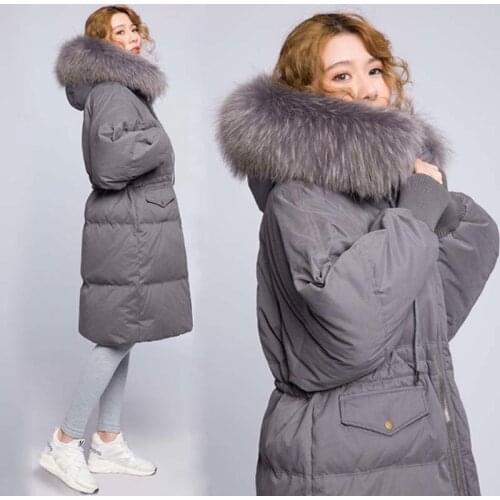 Luxury Natural Raccoon Fur Long Coat Winter Warm Duck Down Jacket Female Parkas casaco de inverno feminino LX2255