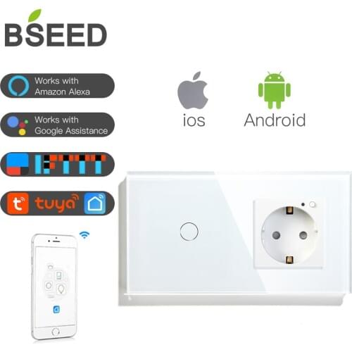 BSEED Wifi Touch Switch 1 Gang EU Standard Socket Alexa Compatible With 3 Color Crystal Glass Panel Smart Home Improvement