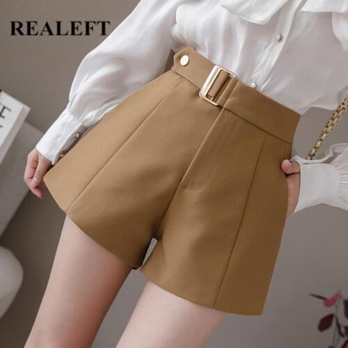 REALEFT 2020 New Spring Summer Casual Wide Leg Shorts High Waist Belt Korean OL Style Chic Shorts Female Pockets Work Wear Short