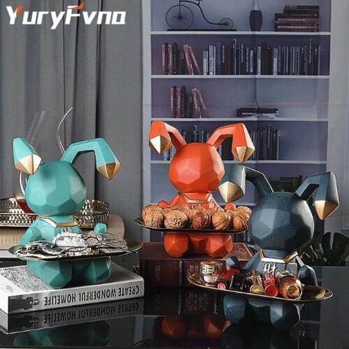 YuryFvna Rabbit Statue Sculpture Table Decoration Miniature Figurine Sundries Storage Tray Modern Living Room Desk Home Decor