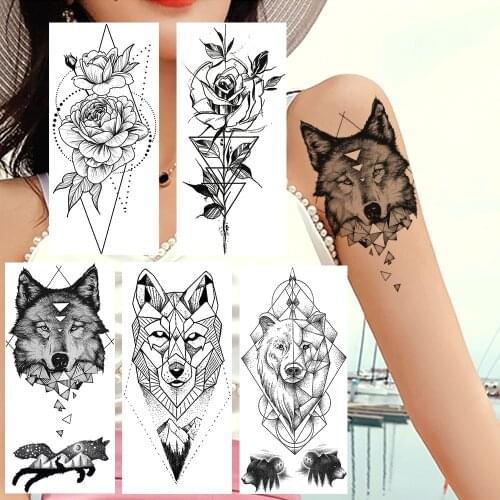 Black Wolf Temporary Tattoos Sticker Realistic Fake Geometric Flower Planets Tattoos For Women Men Body Art Arm Tattoos Sticker