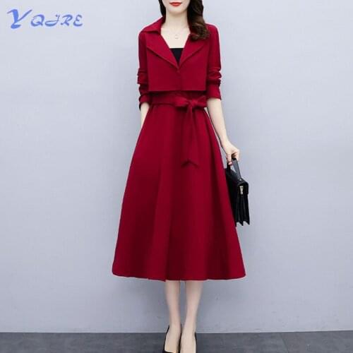 YQJRE Autumn New Product Fashion Red/Black Long Sleeve Suit Collar Mid-length Ladies Dress