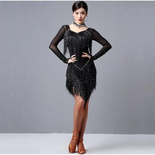 Women Dance Wear Ballroom Dress Samba Costume Party Dresses Sheer Mesh Stretchy Fringes Latin Dress