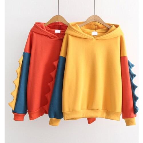 Harajuku Kawaii Dinosaur Hooded Sweatshirt Long Sleeve Hoodies Velvet Thick Yellow Orange Hoodie Girls Women Clothes Pullover