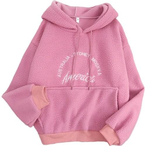 Women Sweatshirt Winter Lamb Cashmere Warm Hooded Letter Embroidery Print Hoodies Harajuku Casual Hoddies Long Sleeve Tops