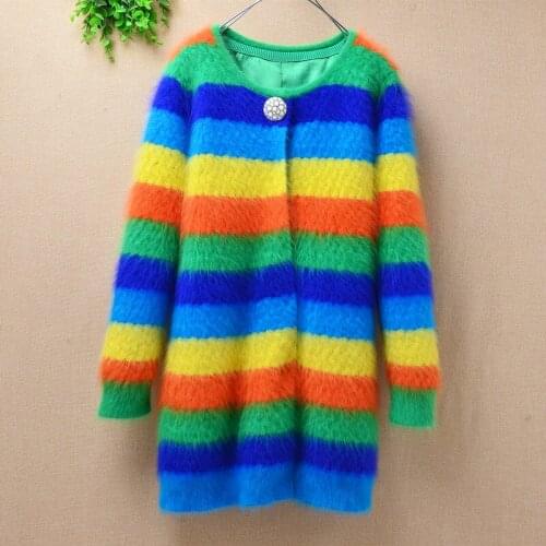 Top mujer femme lady winter fashion rainbow striped plush mink cashmere long cardigan angora fur knitting wool slim sweater coat