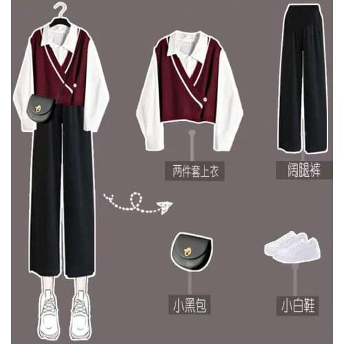 2021 spring autumn womens fashion wide-leg pants suit short girl aesthetic shirt vest three-piece set/single warm streetwear