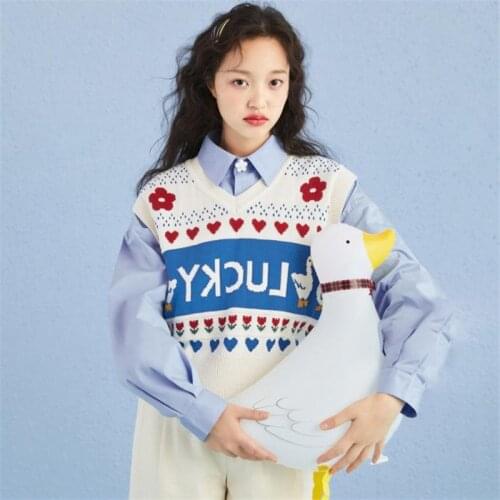 Women Kawaii Duck Sweater Vest Harajuku Knit Heart Pullovers 2021 Winter Warm Sweet Style Korean Fashion Female Cute Jumpers Top